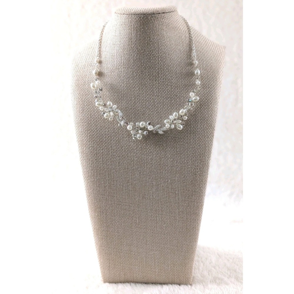 Pearl & Crystal Floral Statement Necklace Silver Tone Bridal Formal